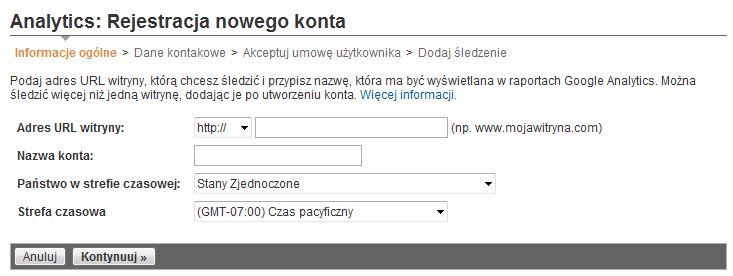 Google Analytics - formularz tworzenia konta i profilu witryny