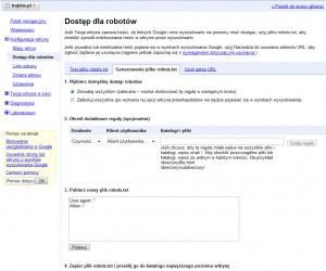 Generator robots.txt udostępniany przez Google Webmaster Tools