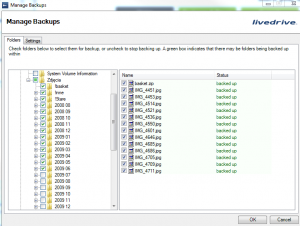 Wybór folderów do kopii danych online w LiveDrive