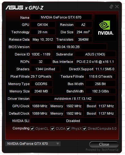 Parametry ASUS GeForce GTX670 DirectCU II TOP w programie GPU-Z