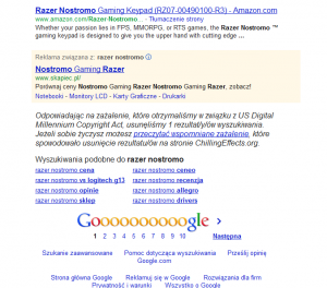 Wyniki wyszukiwania na stronie Google z komunikatem o zablokowaniu wyników