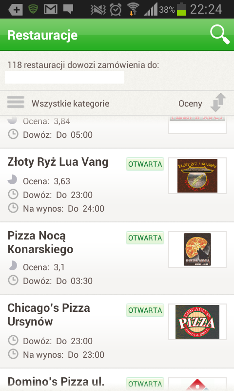 Lista restauracji dostępnych dla mojej lokalizacji w Pizza Portal