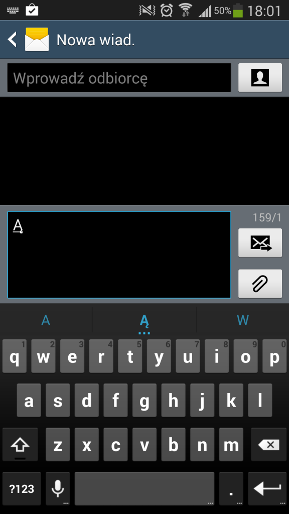 Po zmianie ustawień i wpisaniu Ą w wiadomości jest jest 159 dostepnych znaków
