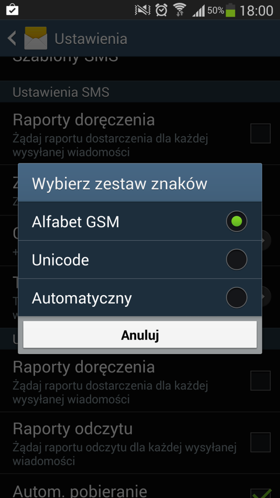 Zmienione ustawienia zestawu znaków SMS