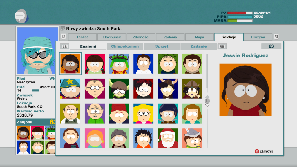 Lista znajomych bohatera gry Southa Park Kijek Prawdy w serwisie społecznościowym